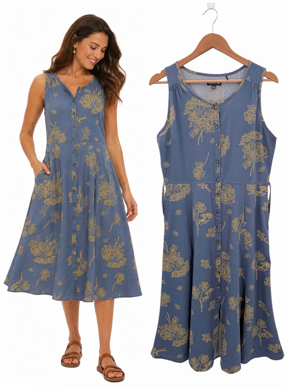 Toad&Co Organic Cotton Floral Button Front Midi Dress Blue Cottagecore S